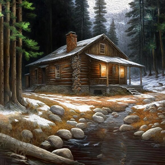 Cabin in the Woods Watercolor Oil Painting Art Print - Picture 3 of 9